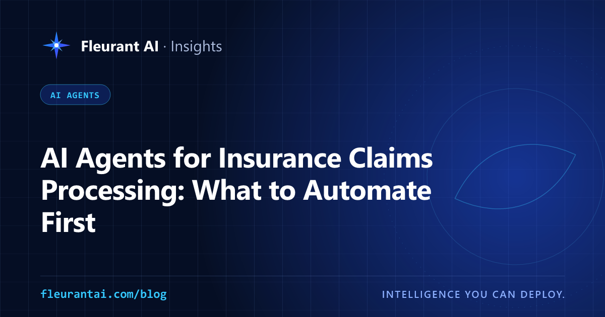 Cover image for an article about AI agents for insurance claims processing, covering eight claims workflows, state rules and run costs