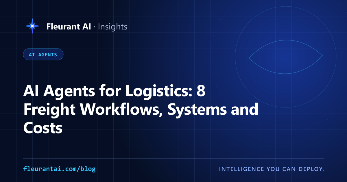 Cover image for an article about AI agents for logistics, covering eight freight workflows, the systems they connect to and their running costs